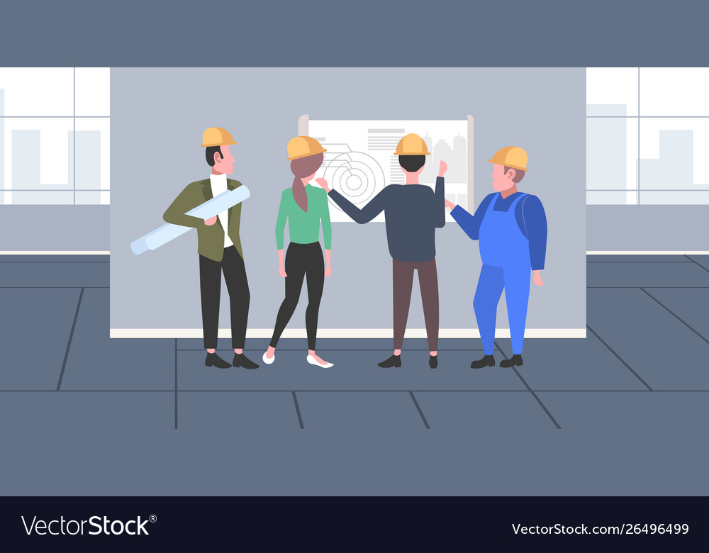 Construction workers studying blueprint engineers Vector Image