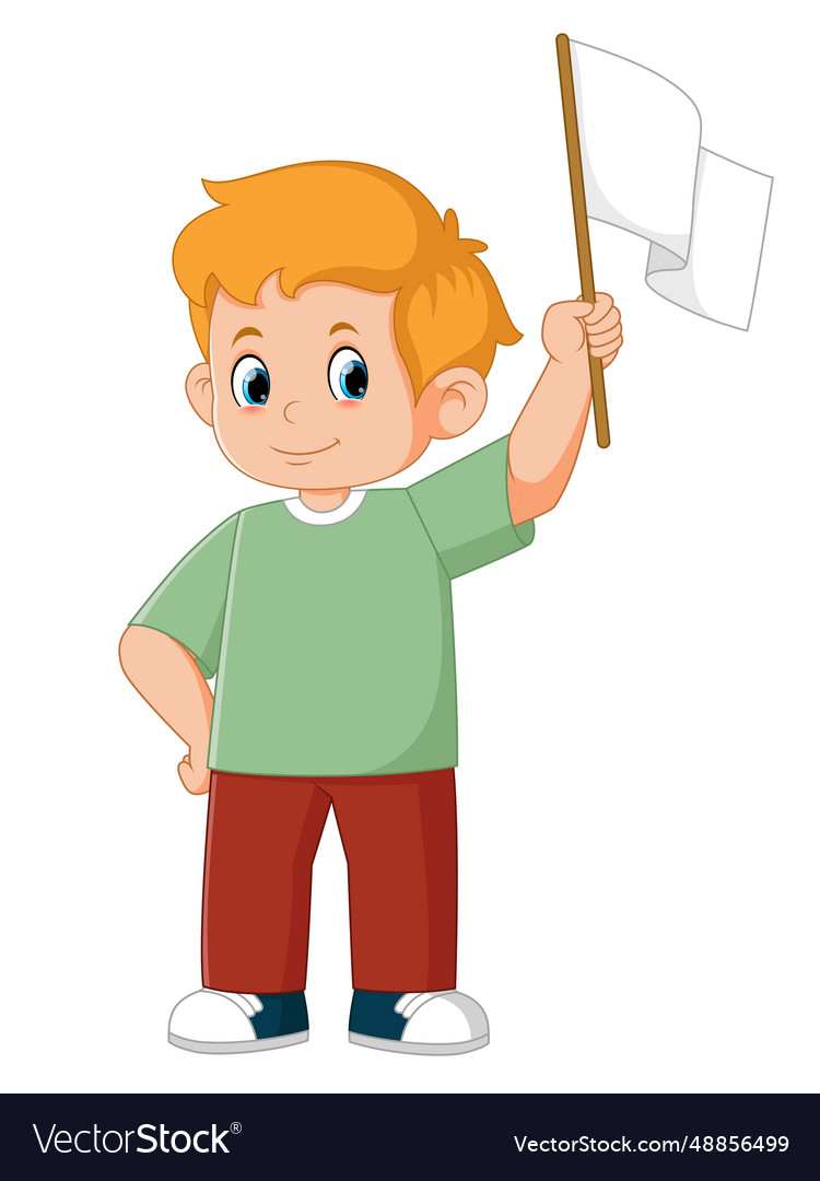 Cute boy holding white blank flags Royalty Free Vector Image