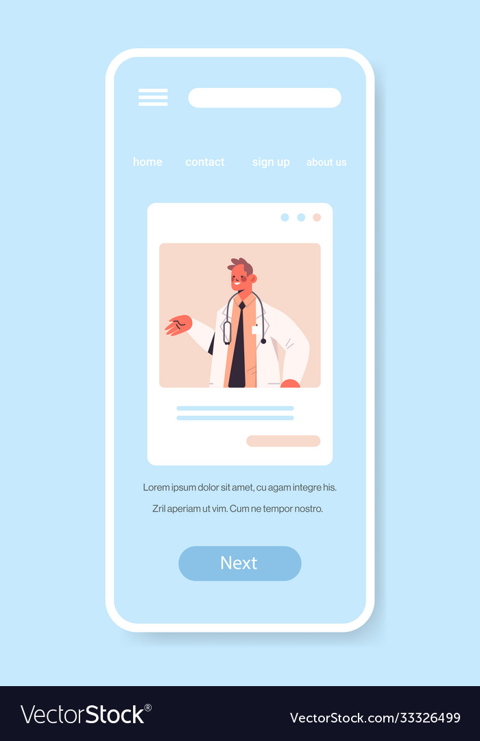 Male doctor in smartphone screen consulting