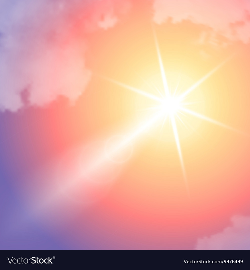 Realistic sun flare with clouds on blue sky
