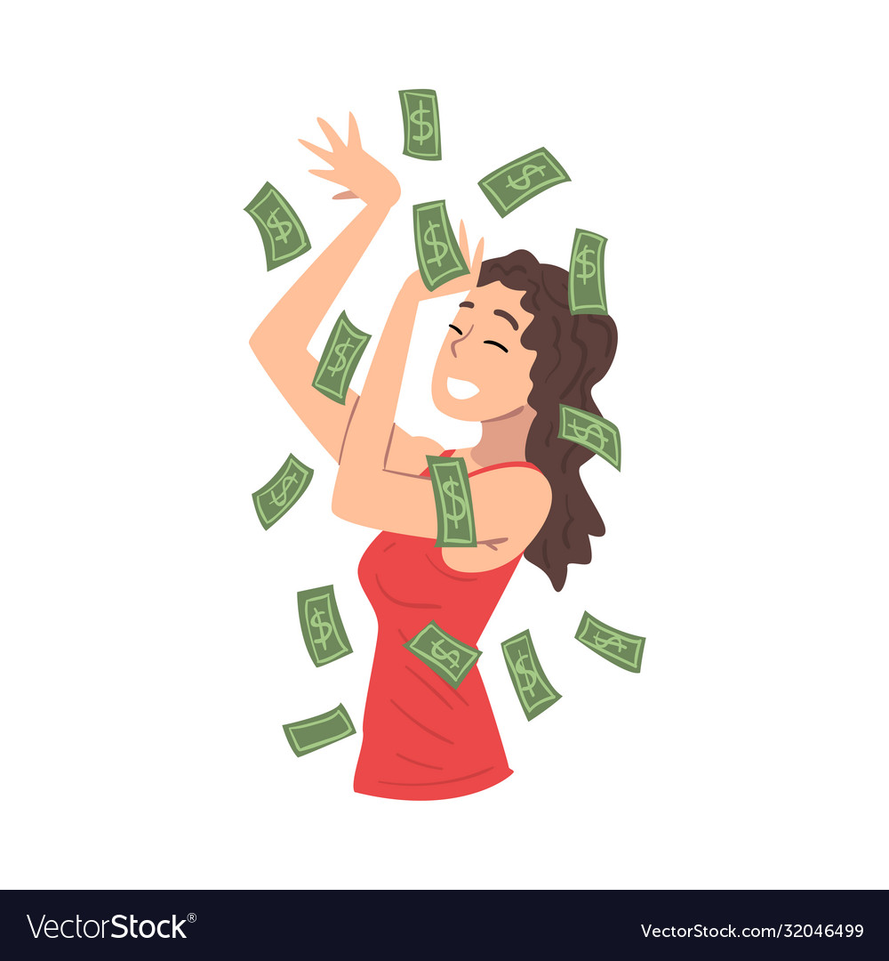 Smiling girl with dollar bills flying around her