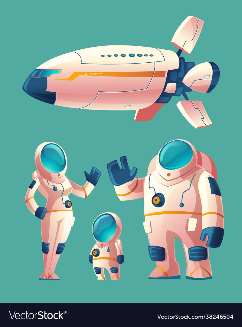 Spaceman family in spacesuit with spaceship