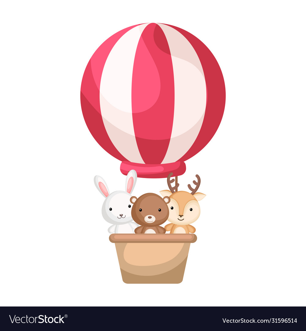 Cute baby animals in hot air balloon