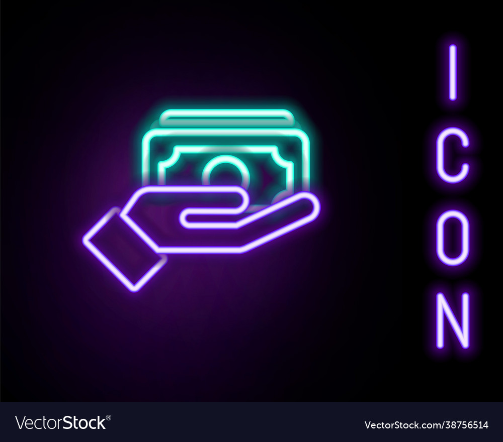 Glowing neon line stacks paper money cash in hand