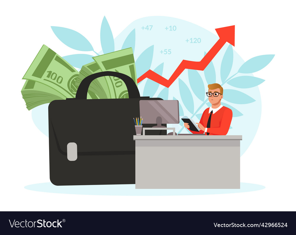 Businessman working at desk with computer and huge vector image Businessman working at desk with computer and huge