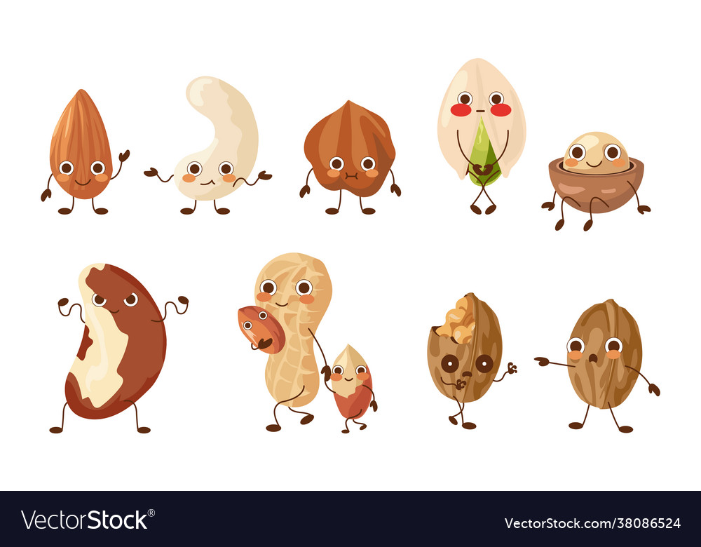 Cartoon nut characters cute food mascots funny Vector Image