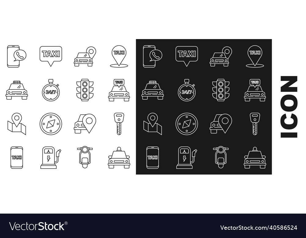 Set line taxi car key map pointer vector image Set line taxi car key map pointer