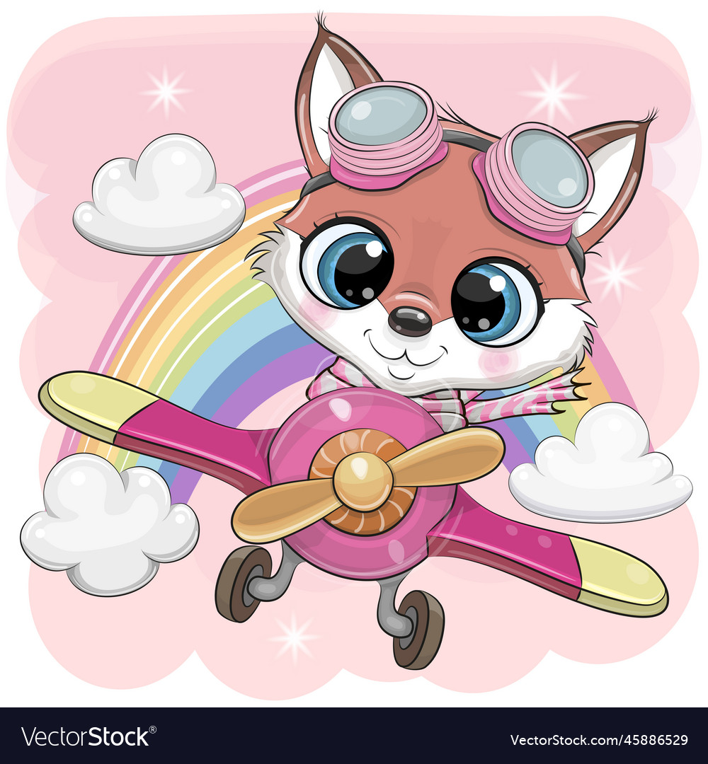 Cartoon fox is flying on a plane pink Royalty Free Vector