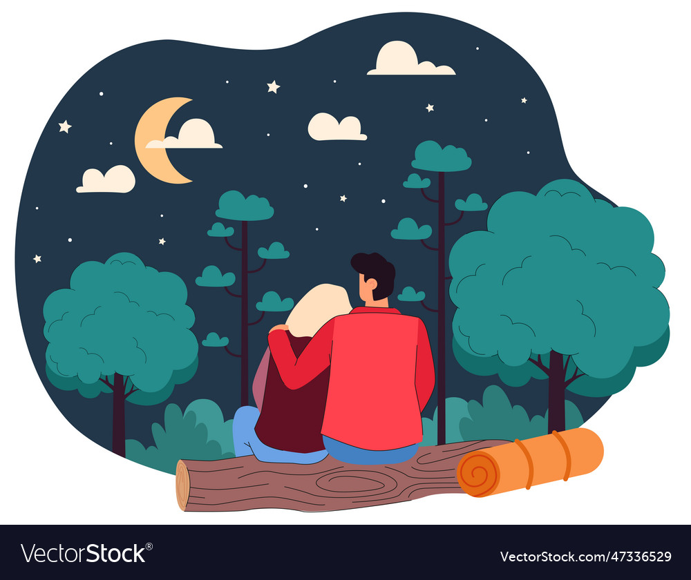 Couple relaxing looking at moon stars outside