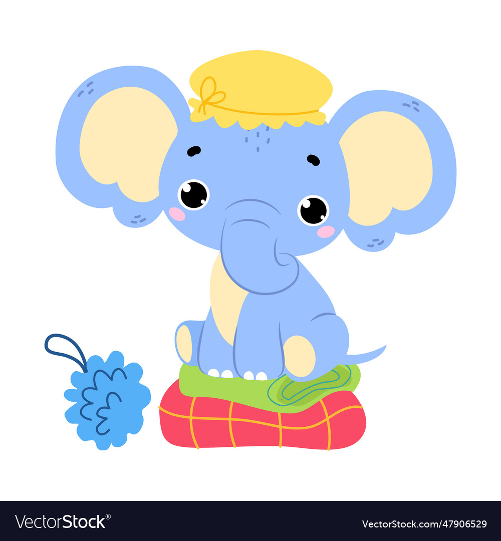 Cute baby elephant character with trunk sitting