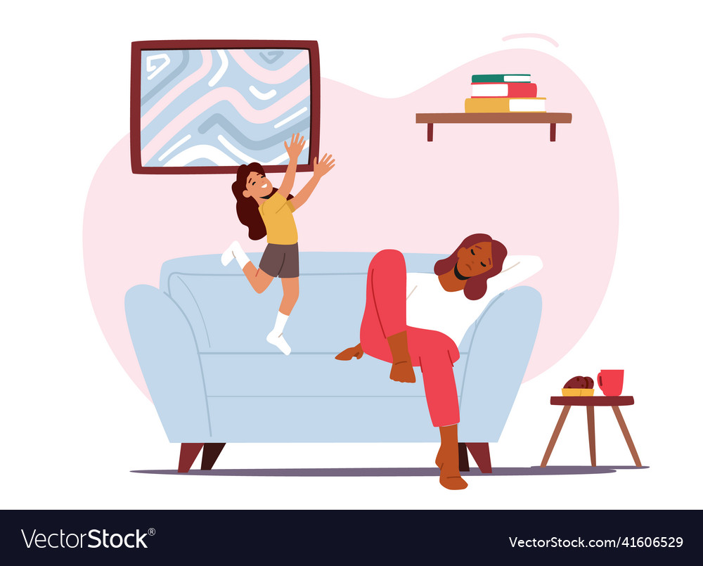 Hyperactive child jumping on sofa while tired mom