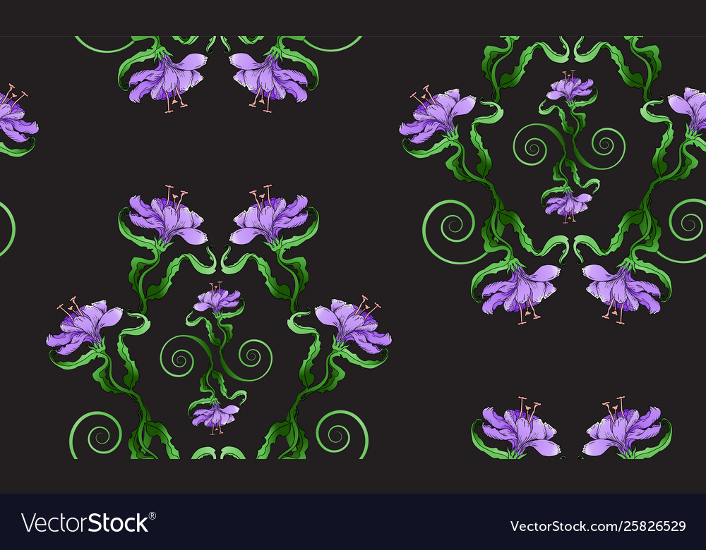 Lily seamless pattern on black background vector image Lily seamless pattern on black background