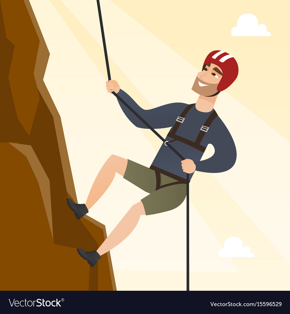 Young Caucasian Climbing A Mountain With Rope Vector Image