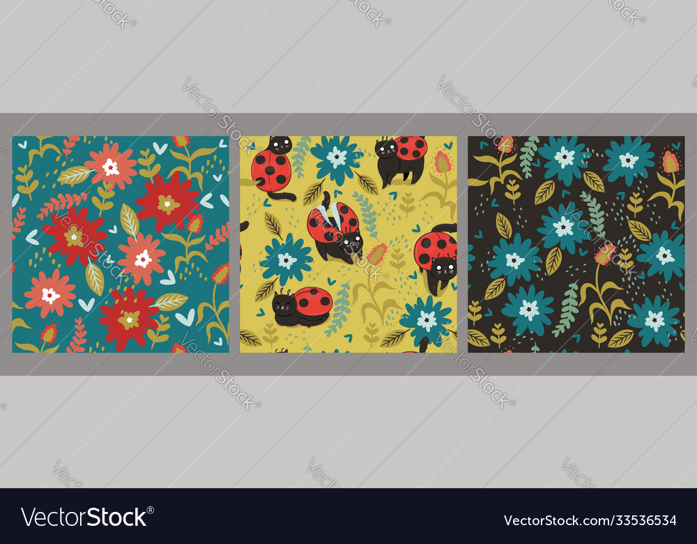 Collection seamless patterns with cat-beetles vector image Collection seamless patterns with cat-beetles