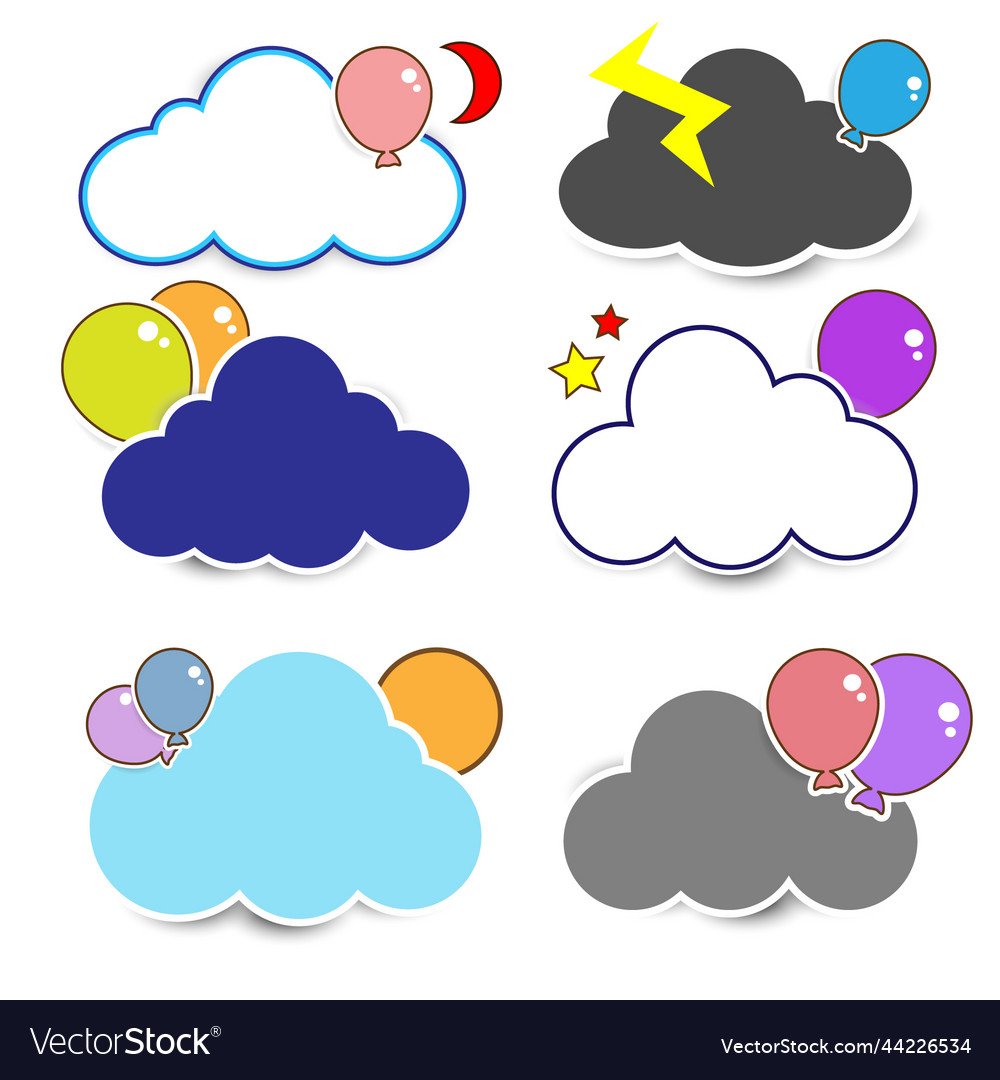 Cute cloud stickers decorated with balloons and st