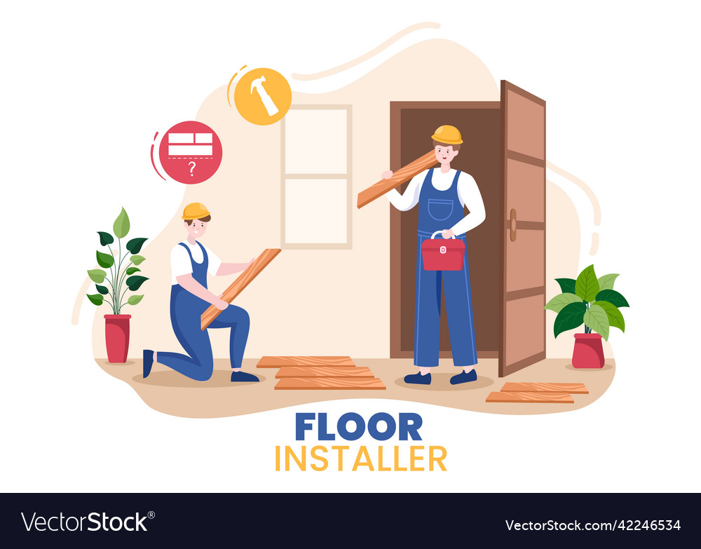Floor installation cartoon with repairman laying vector image Floor installation cartoon with repairman laying