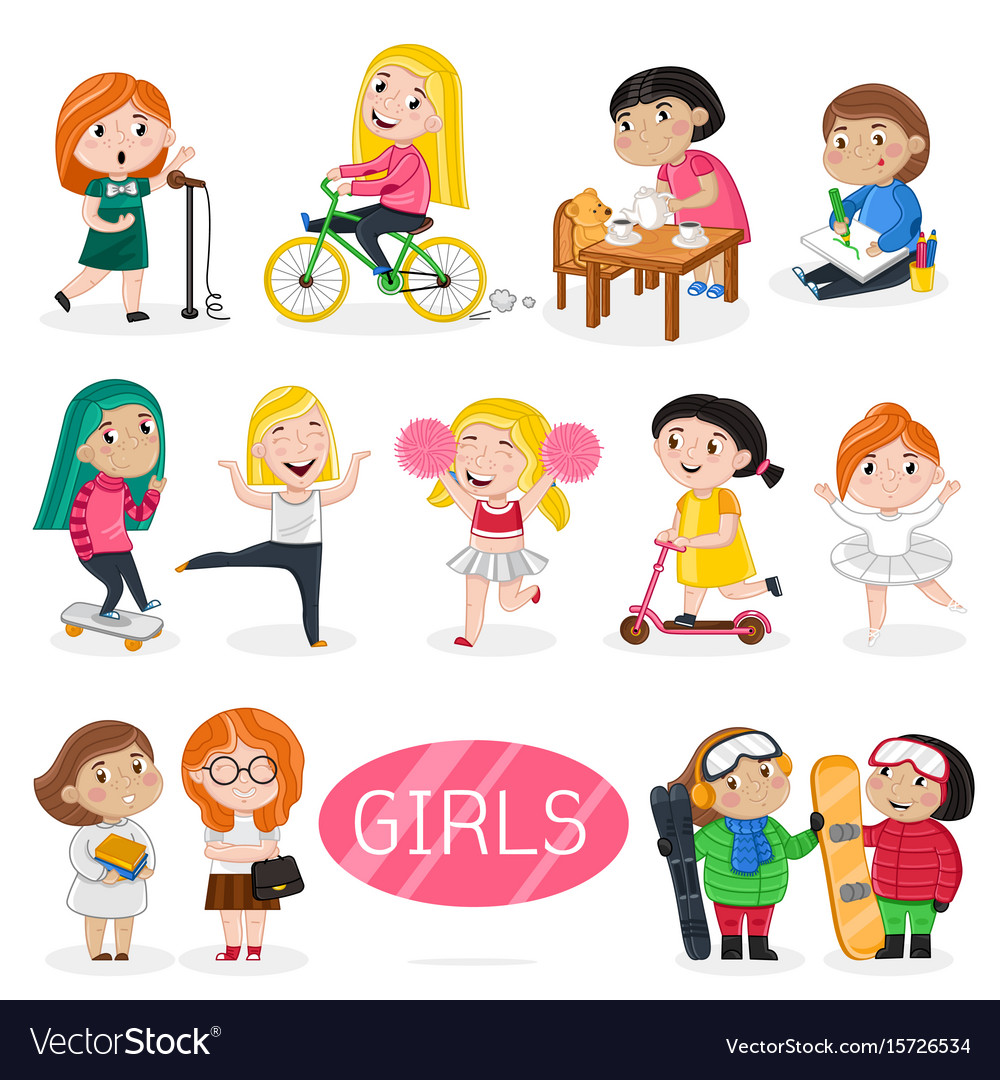 Happy girls characters in various actions Vector Image