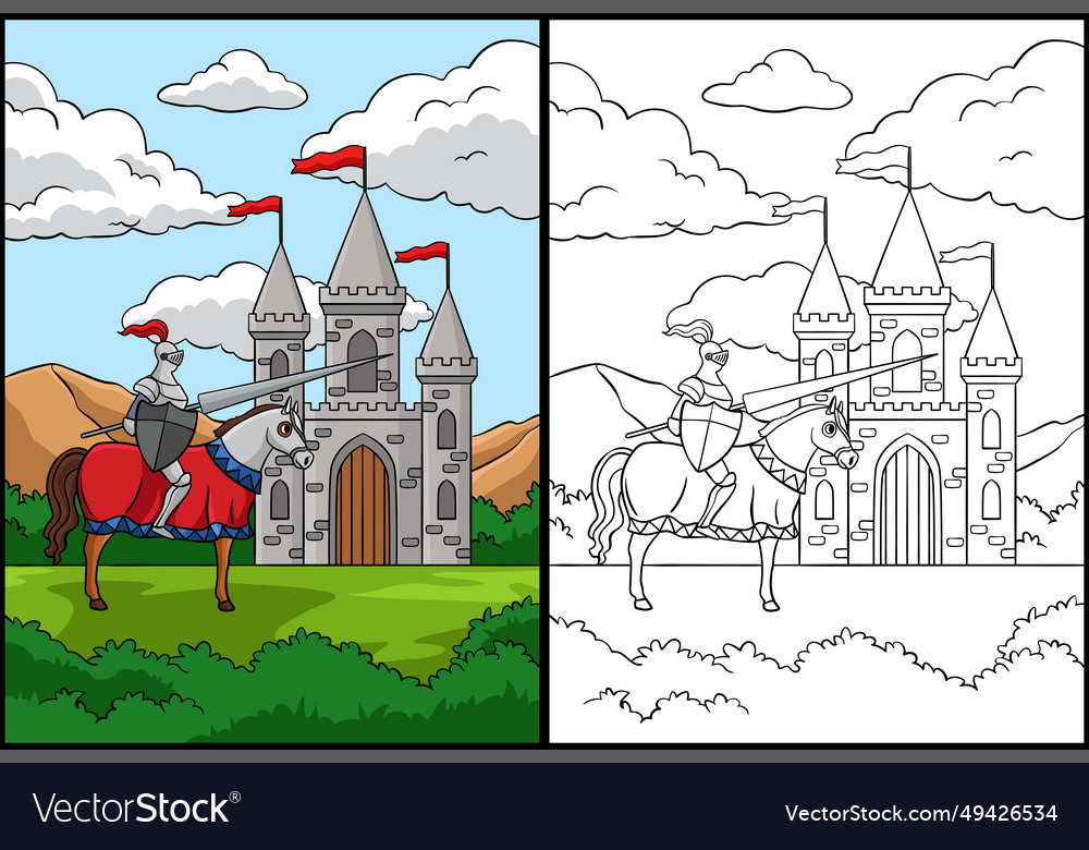 Knight riding horse in front castle