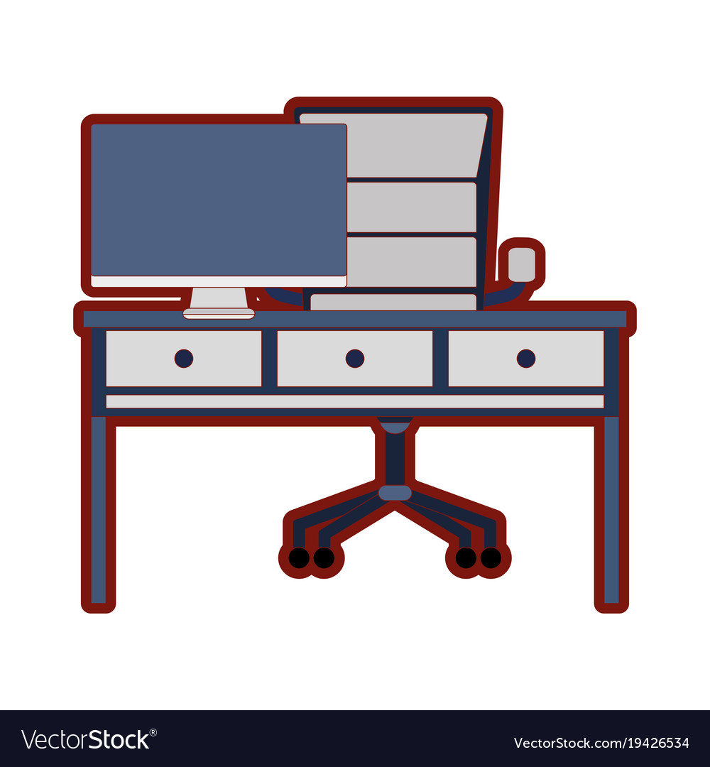 Line color office desk with drawers and computer