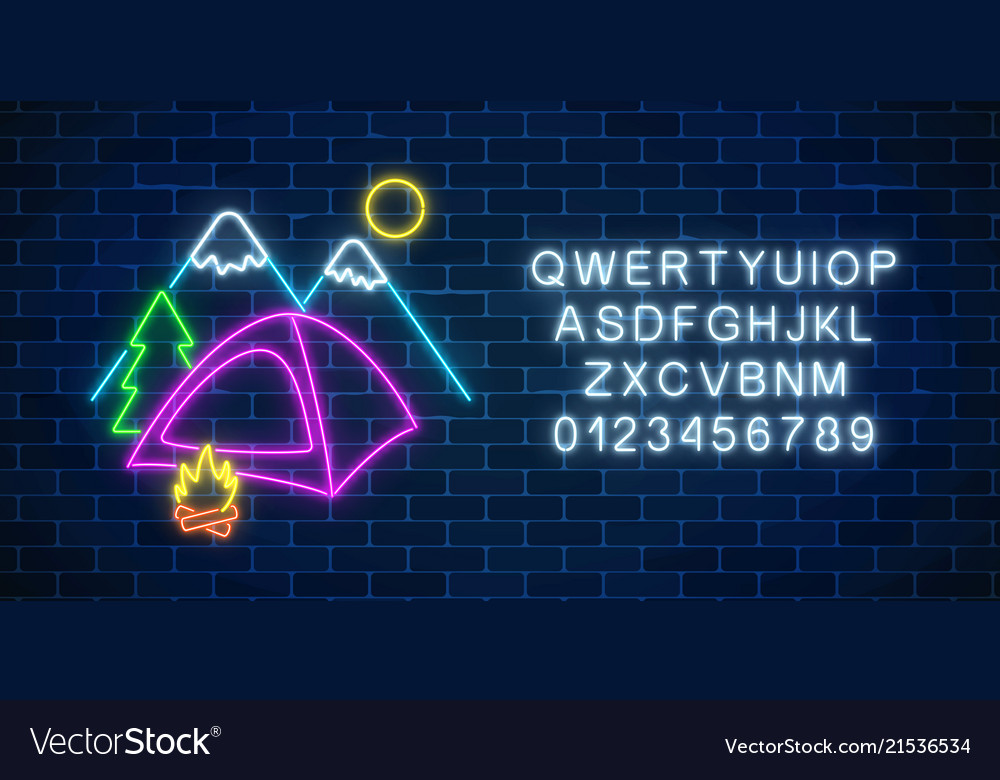 Neon camping sign with tent bonfire mountains vector image Neon camping sign with tent bonfire mountains