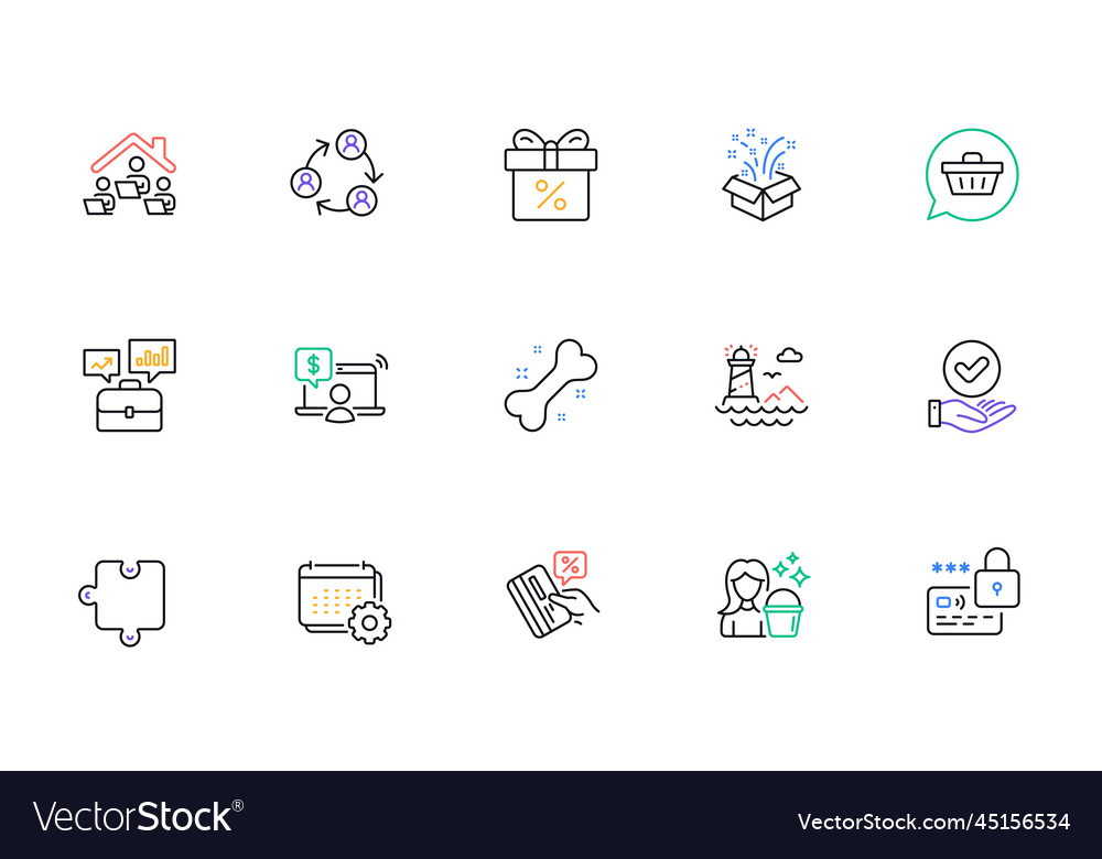 Puzzle approved checkbox and cleaning line icons vector image Puzzle approved checkbox and cleaning line icons