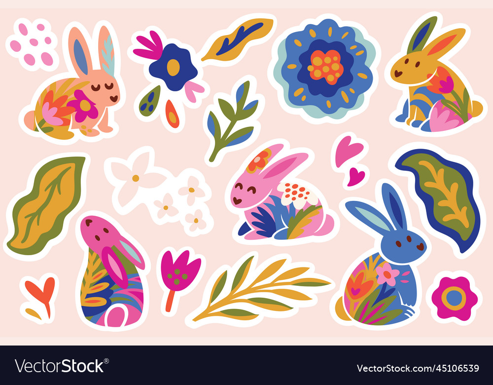 Big sticker set with adorable bunnies and floral