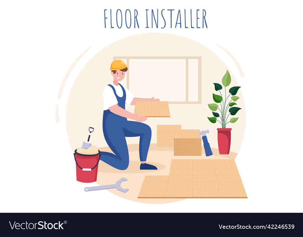 Floor installation cartoon with repairman laying