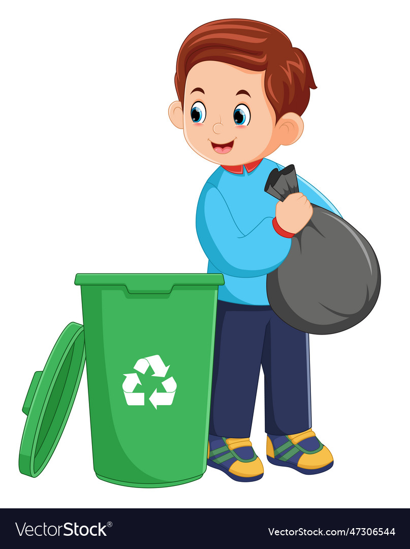 A young man throws rubbish in garbage bin Vector Image