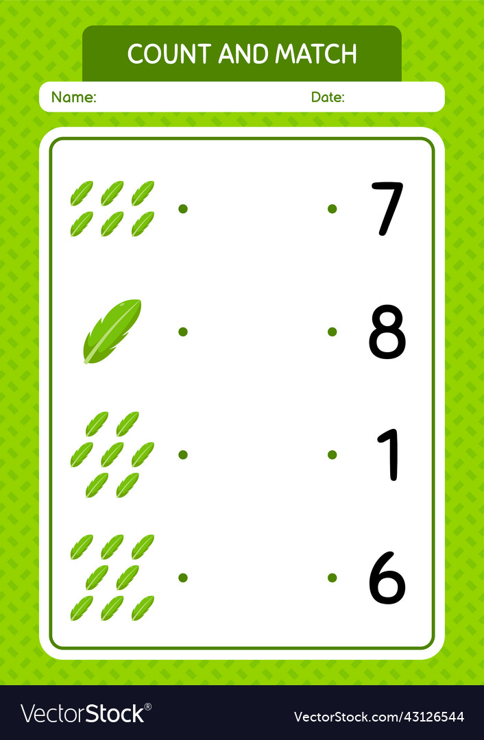 Count and match game with banana leaf worksheet vector image Count and match game with banana leaf worksheet