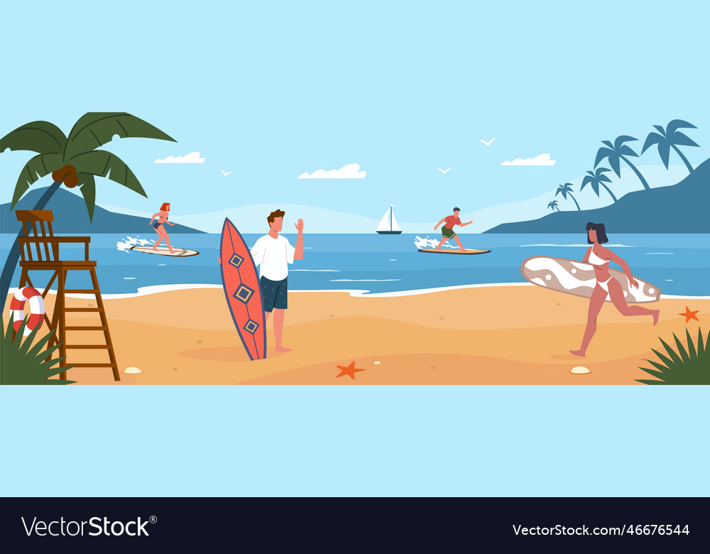 Happy surfers on beach extreme ocean sport Vector Image