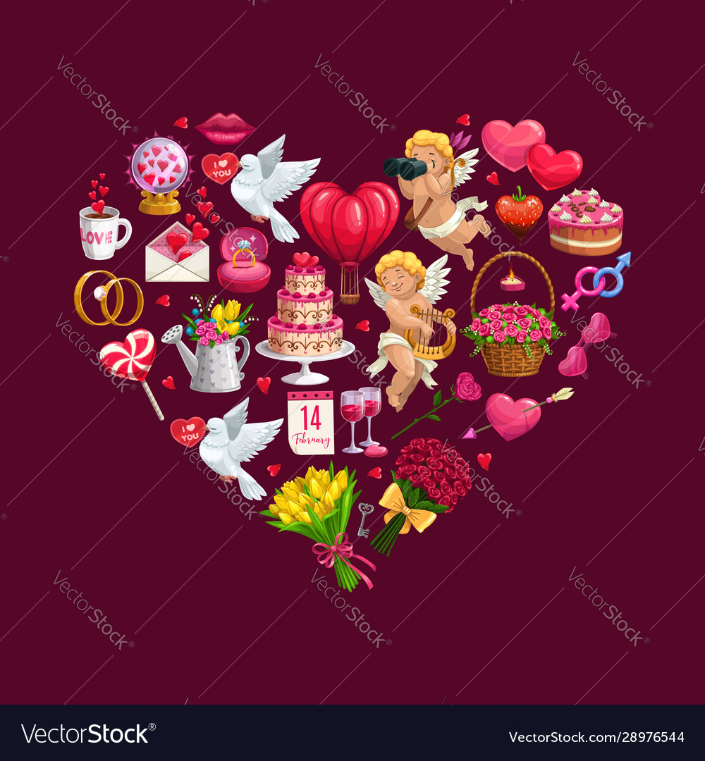 Heart valentines day gifts flowers and cupids