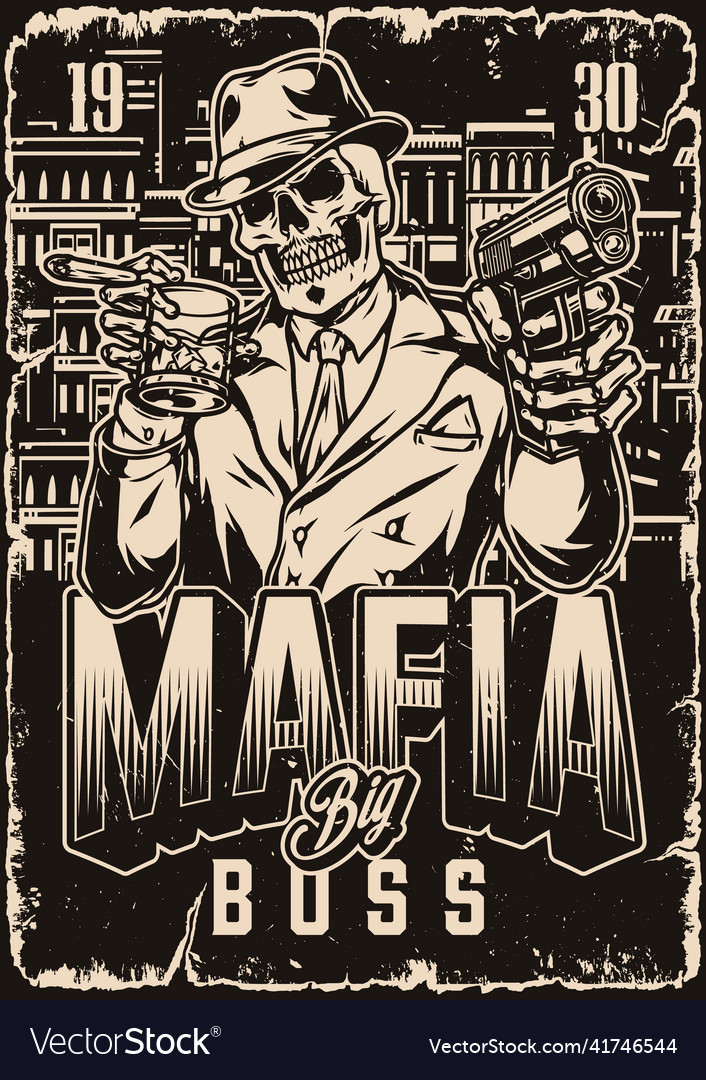 Monochrome mafia poster with skeleton Royalty Free Vector