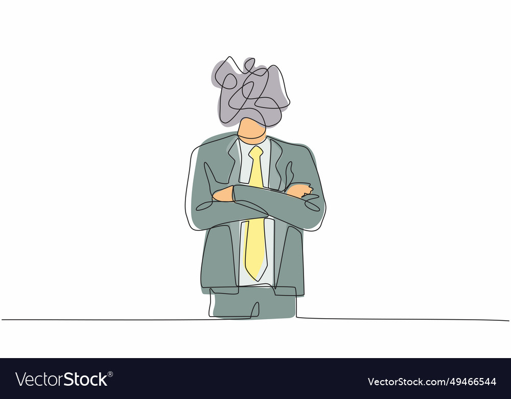 Single one line drawing businessman with round