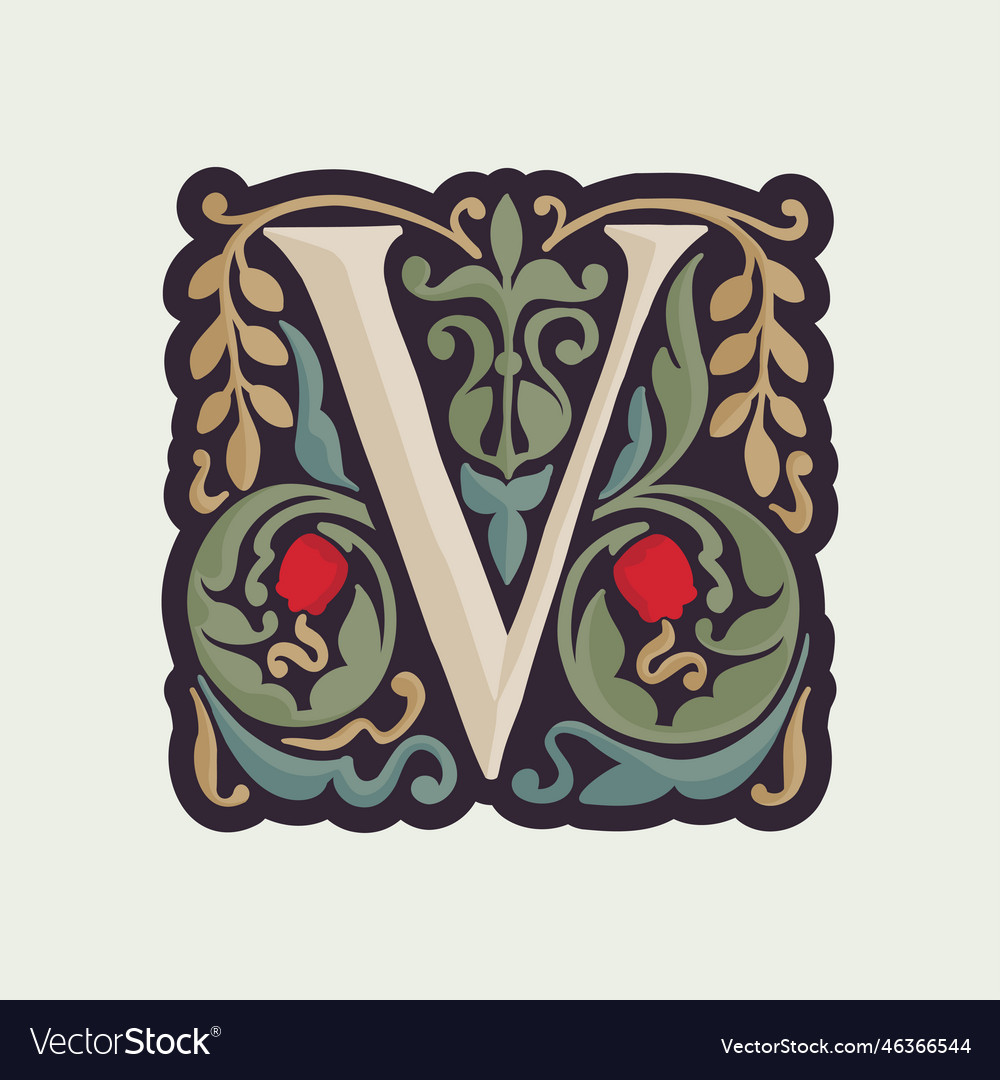 V letter illuminated initial with curve leaf Vector Image V letter illuminated initial with curve leaf