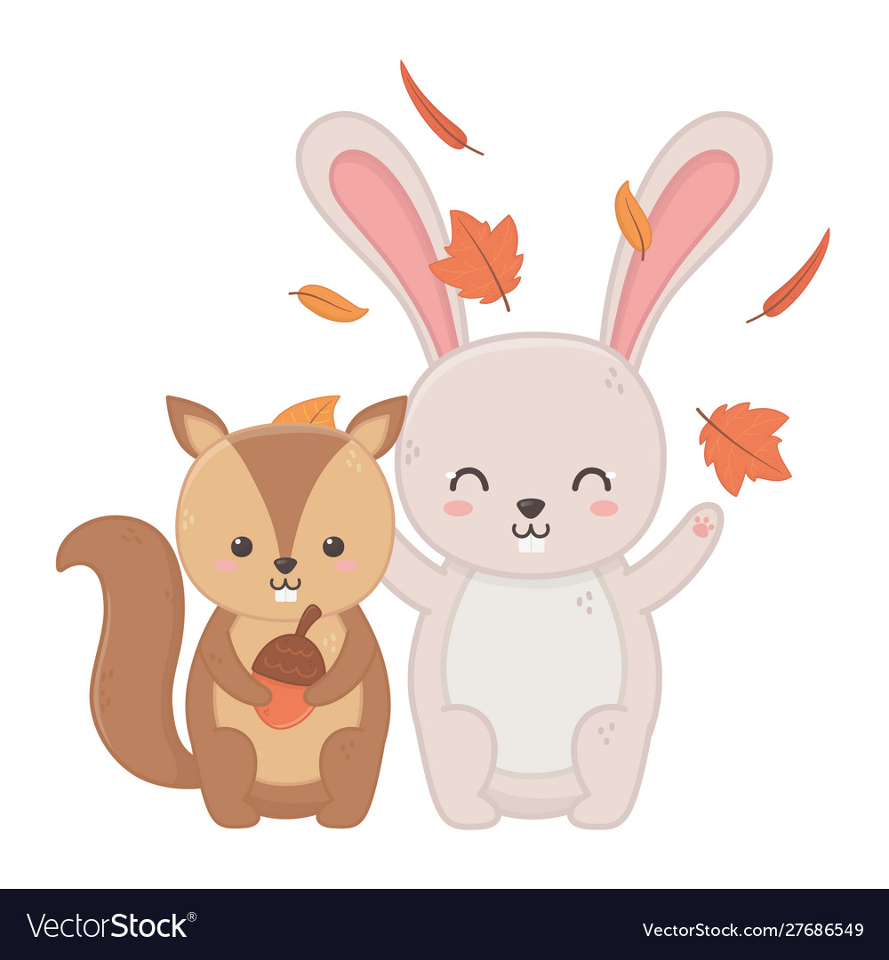 Cute rabbit and squirel with acorn leaves hello