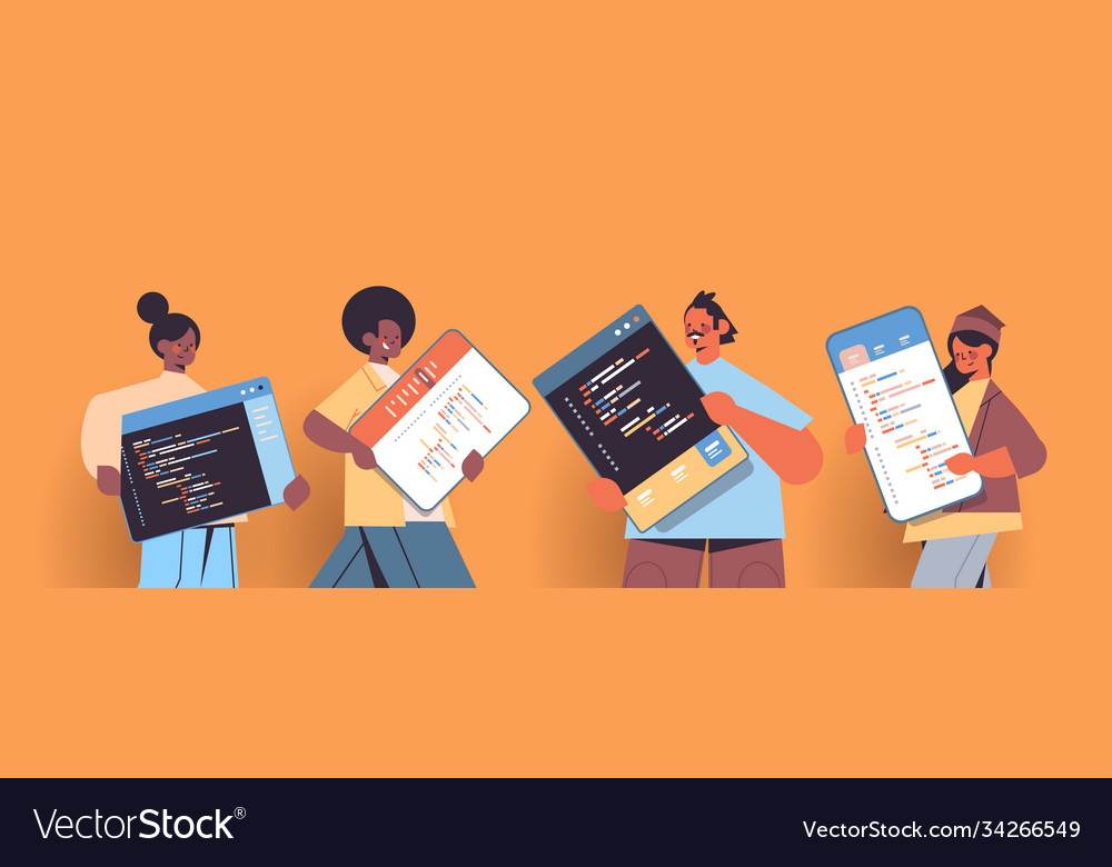Mix Race Web-Entwickler erstellen Programmcode vector image Mix Race Web-Entwickler erstellen Programmcode