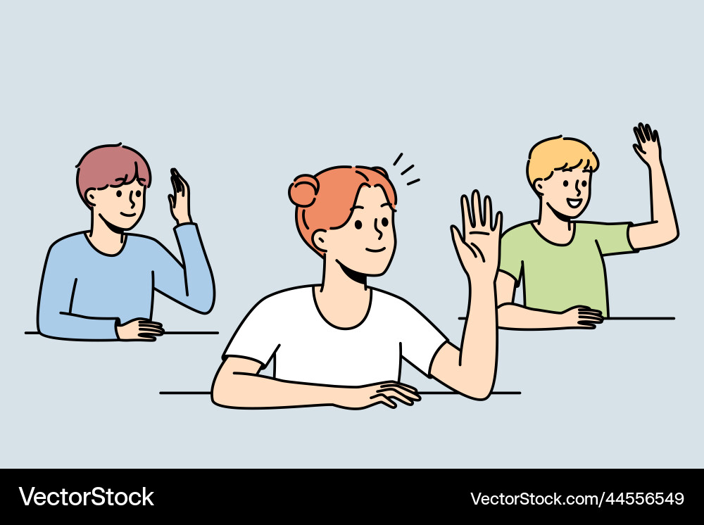 Smiling children raise hands in classroom Vector Image