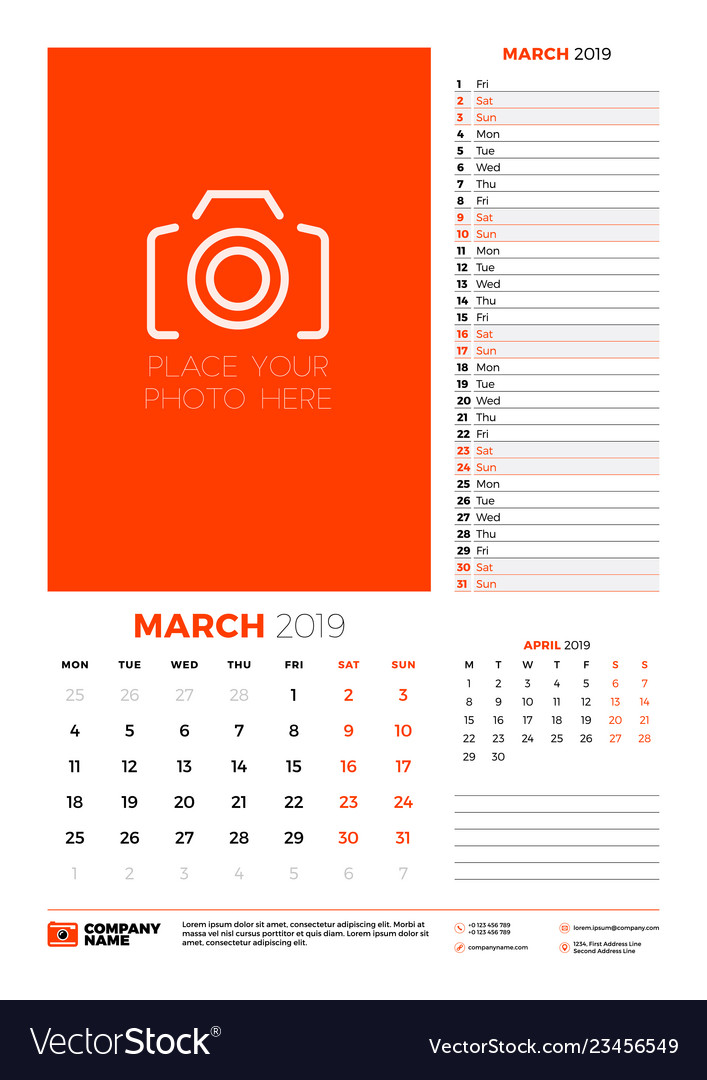 Wall calendar planner template for march 2019