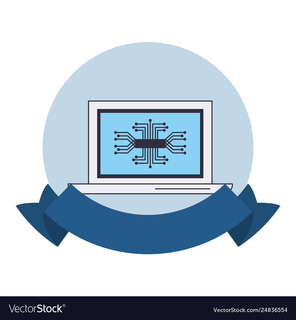 Laptop with microchip round emblem vector image Laptop with microchip round emblem