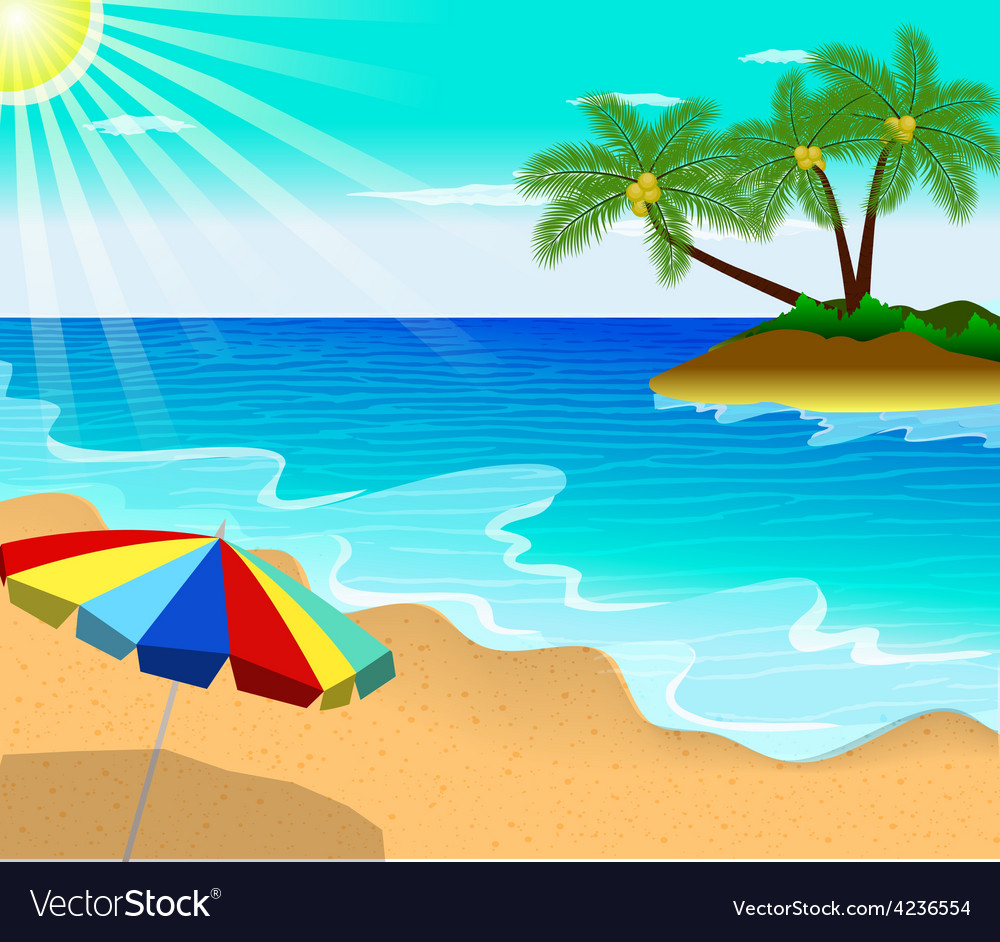 Tropical beach with palm trees and umbrella Vector Image