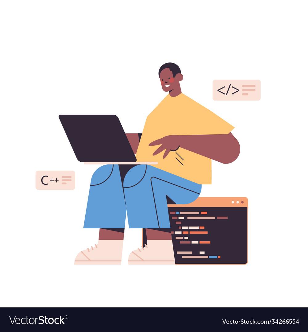 Web-Entwickler mit Laptop Programmcode erstellen vector image Web-Entwickler mit Laptop Programmcode erstellen