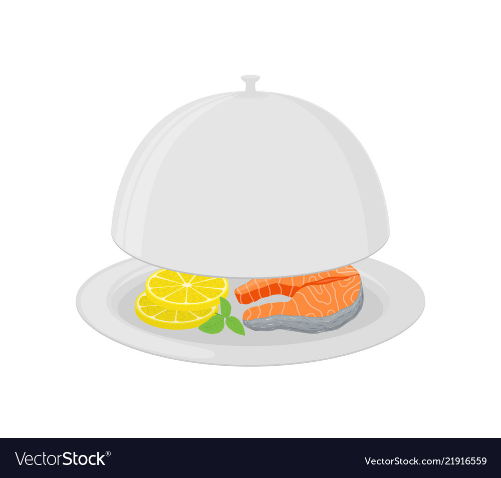 Cartoon silver cloche with salmon lemon