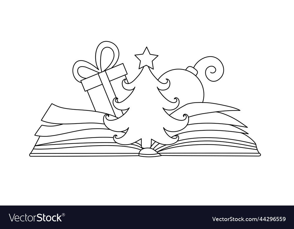 Christmas elements with a book in linear style Vector Image Christmas elements with a book in linear style