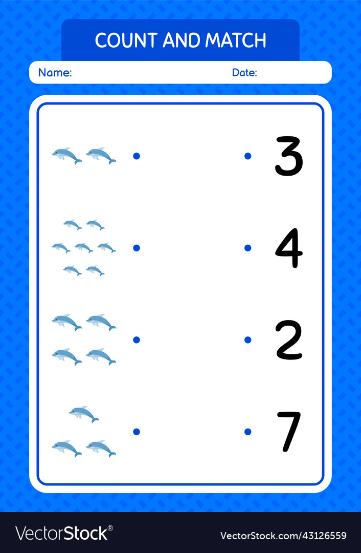 Count and match game with dolphin worksheet Vector Image Count and match game with dolphin worksheet