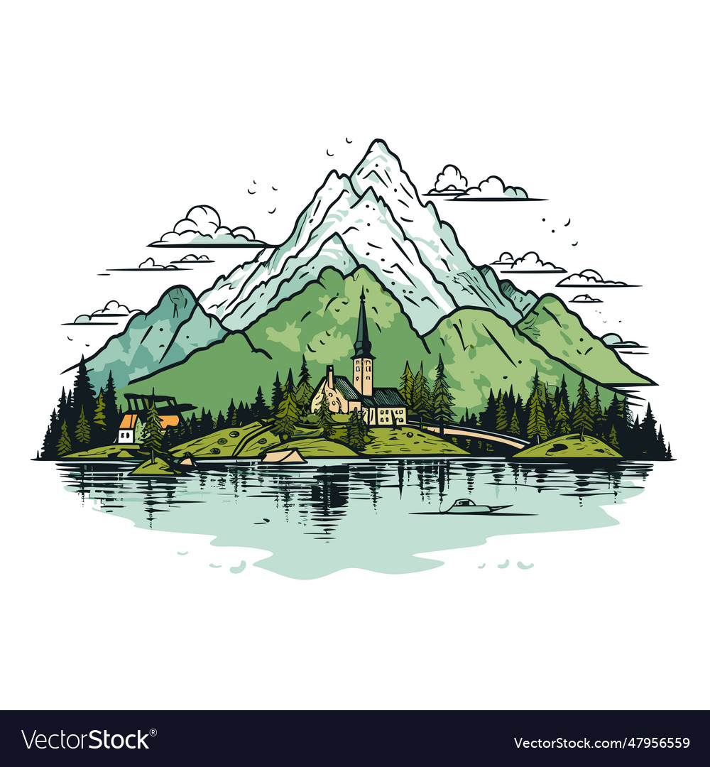 Lake bled hand-drawn comic doodle