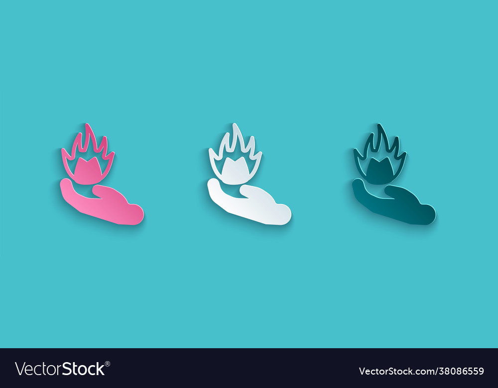 Paper cut hand holding a fire icon isolated