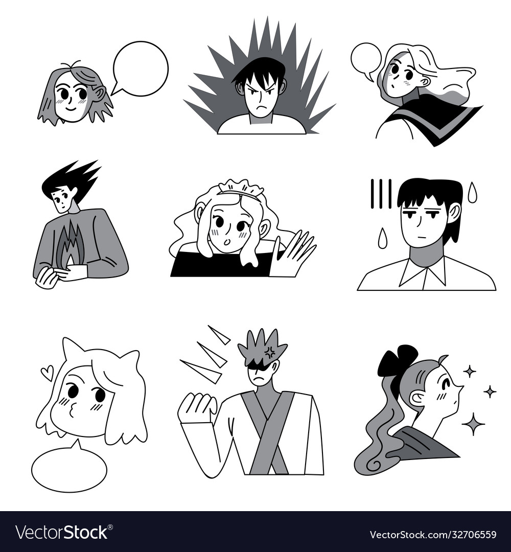 Set manga characters drawings from traditional vector image Set manga characters drawings from traditional