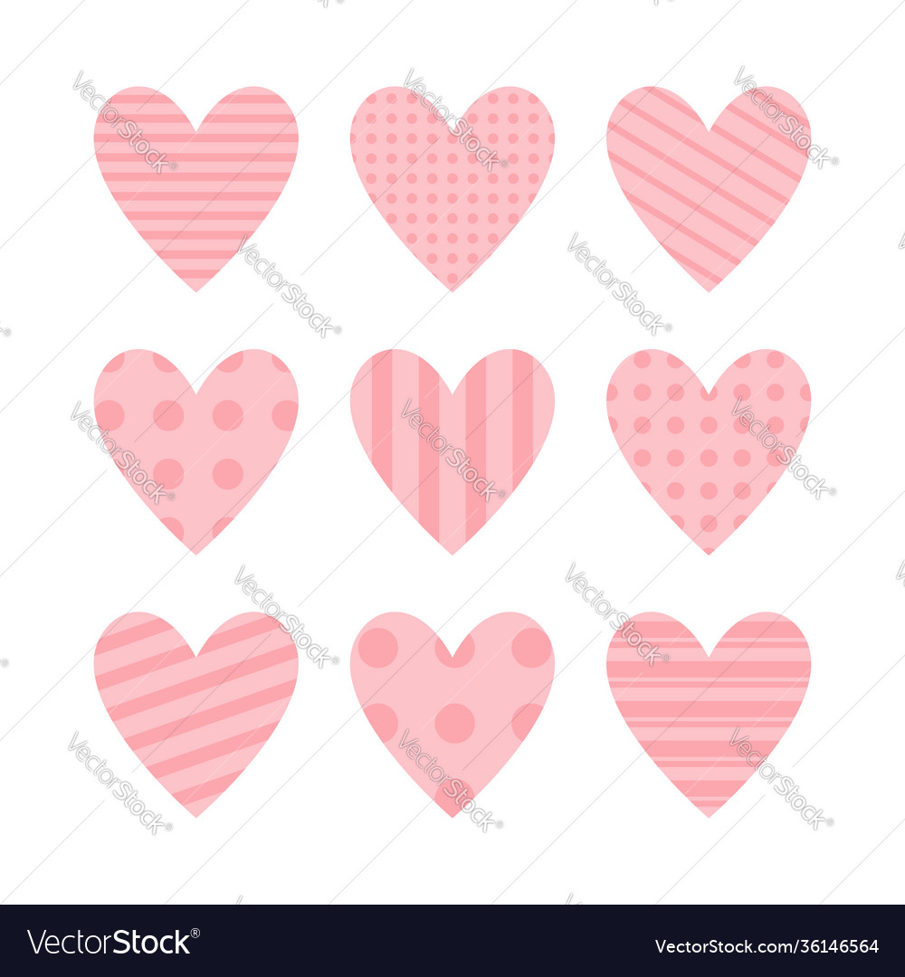 Pink heart icon set cute polka dot line pattern