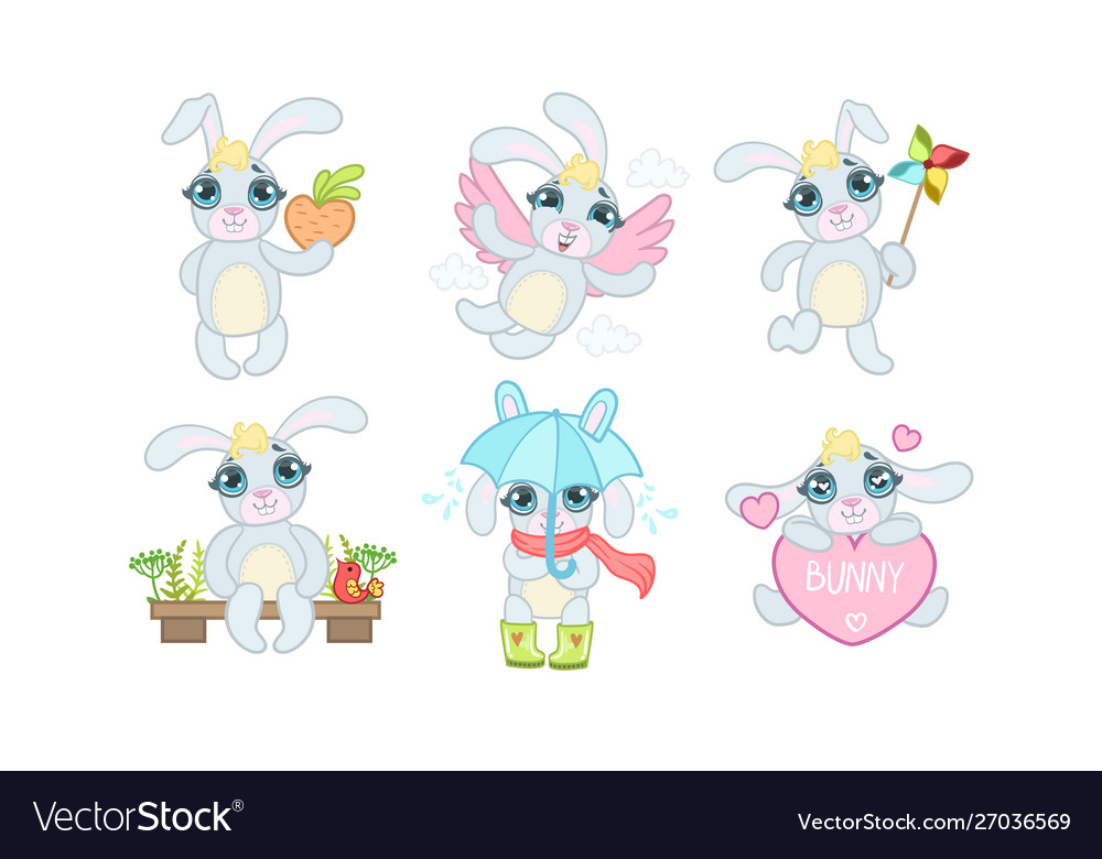 Cute adorable bunny character set cheerful lovely