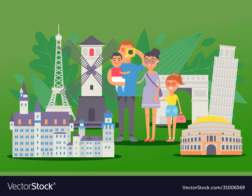 Flat happy people family traveling in europe